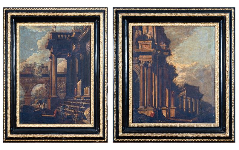 a) Capriccio architettonico con astanti; b) Capriccio architettonico con rovine, acquedotto e ast...