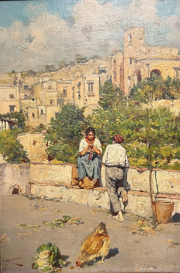 Giuseppe Giardiello : Veduta con figure  - Olio su tavola - Asta Napoli800900 - Blindarte Casa d'Aste