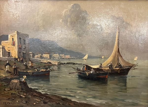 Nicolas  De Corsi - Spiaggetta con barche e pescatori