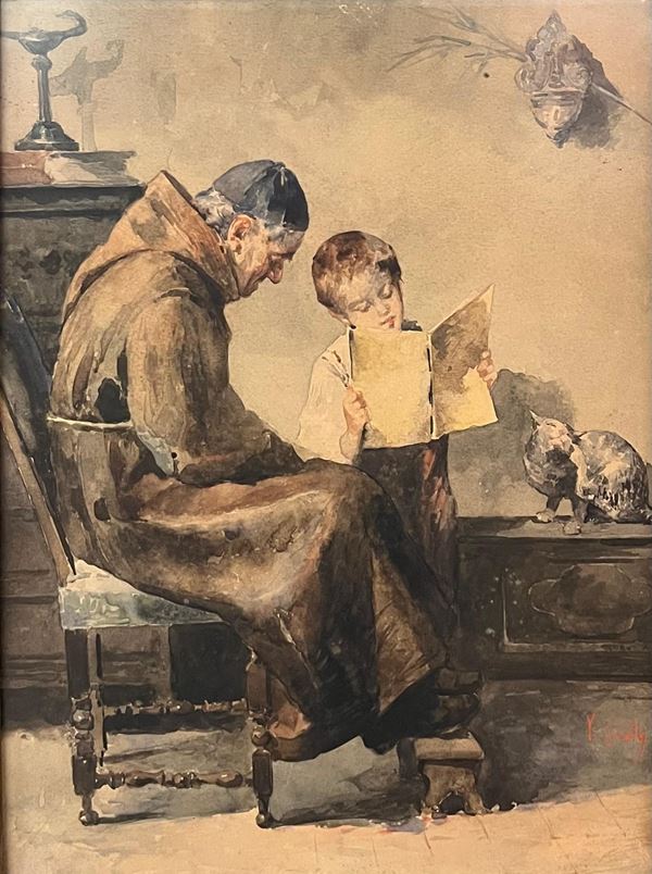 Vincenzo Irolli (Napoli, 1860 - 1949) - Lezione in oratorio