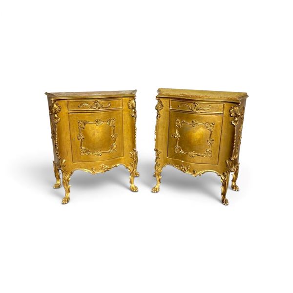 Produzione napoletana   del XX secolo - Pair of small sideboards with drawer and gilded wooden doors