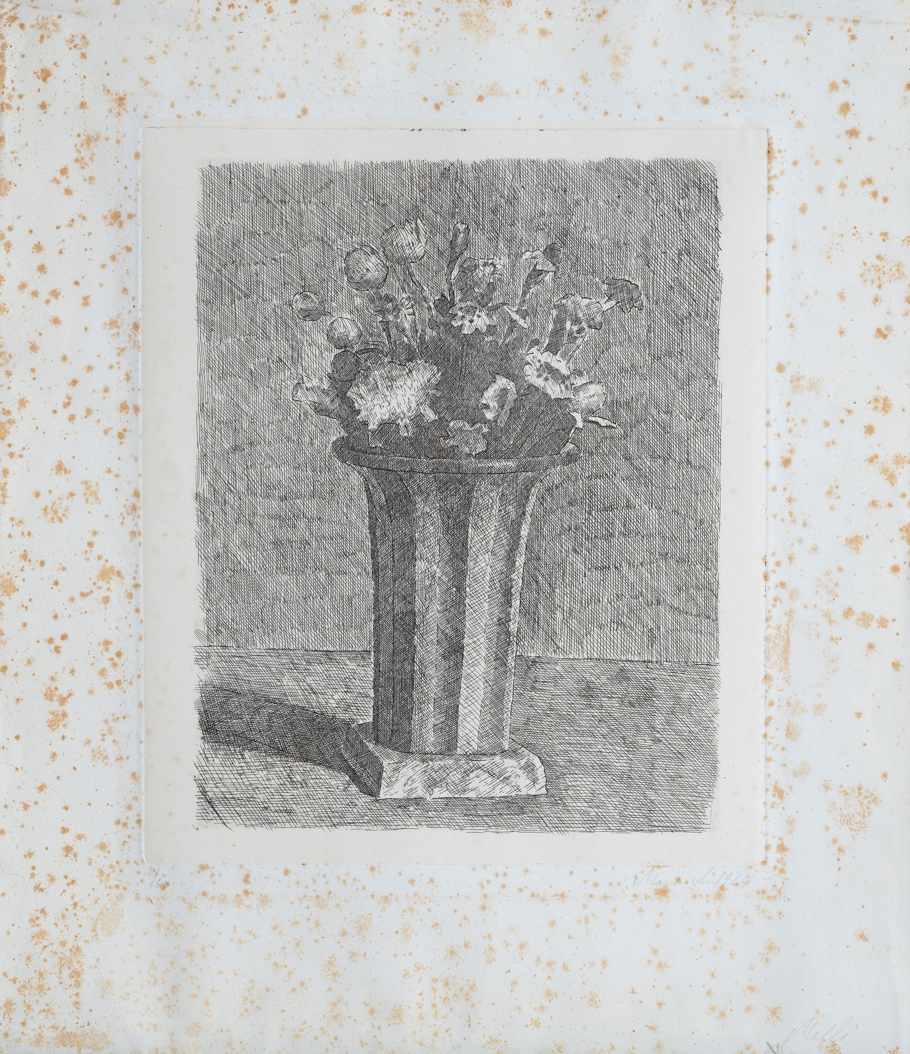 Giorgio Morandi - Vaso a strisce con fiori, zinco inciso all’acquaforte su carta (1924)