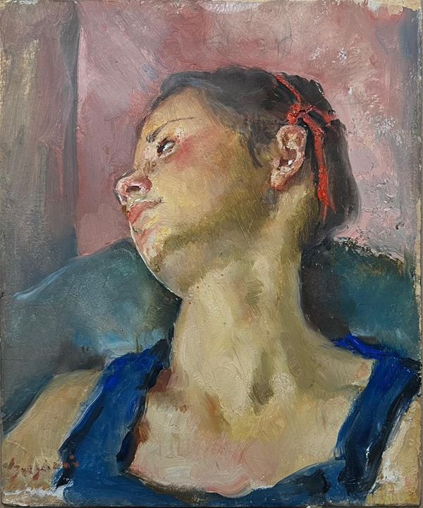Antonio Bresciani (Napoli, 1902 – 1998) : Profilo di fanciulla  - Olio su cartone pressato - Asta Napoli800900 - Blindarte Casa d'Aste