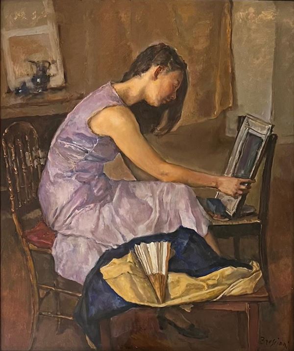 Antonio Bresciani (Napoli, 1902 – 1998) : Allo specchio  - Olio su masonite - Asta Napoli800900 - Blindarte Casa d'Aste