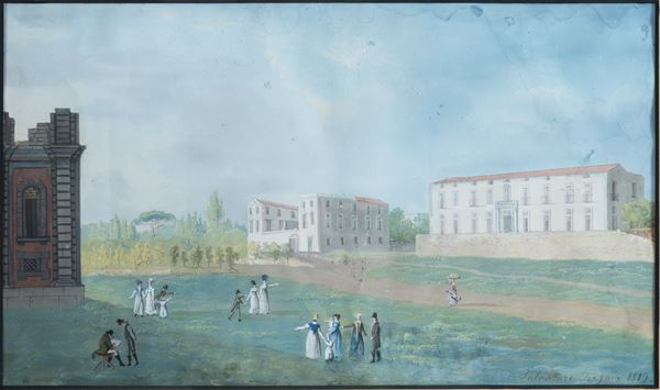 Salvatore  Fergola - Veduta di Capodimonte con la Reggia in costruzione e il prospetto del Palazzo dei Principi