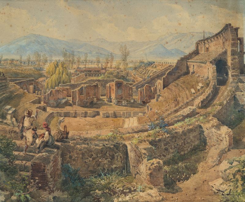 Veduta del Teatro Grande di Pompei dalle gradinate con panorama sui Monti Lattari