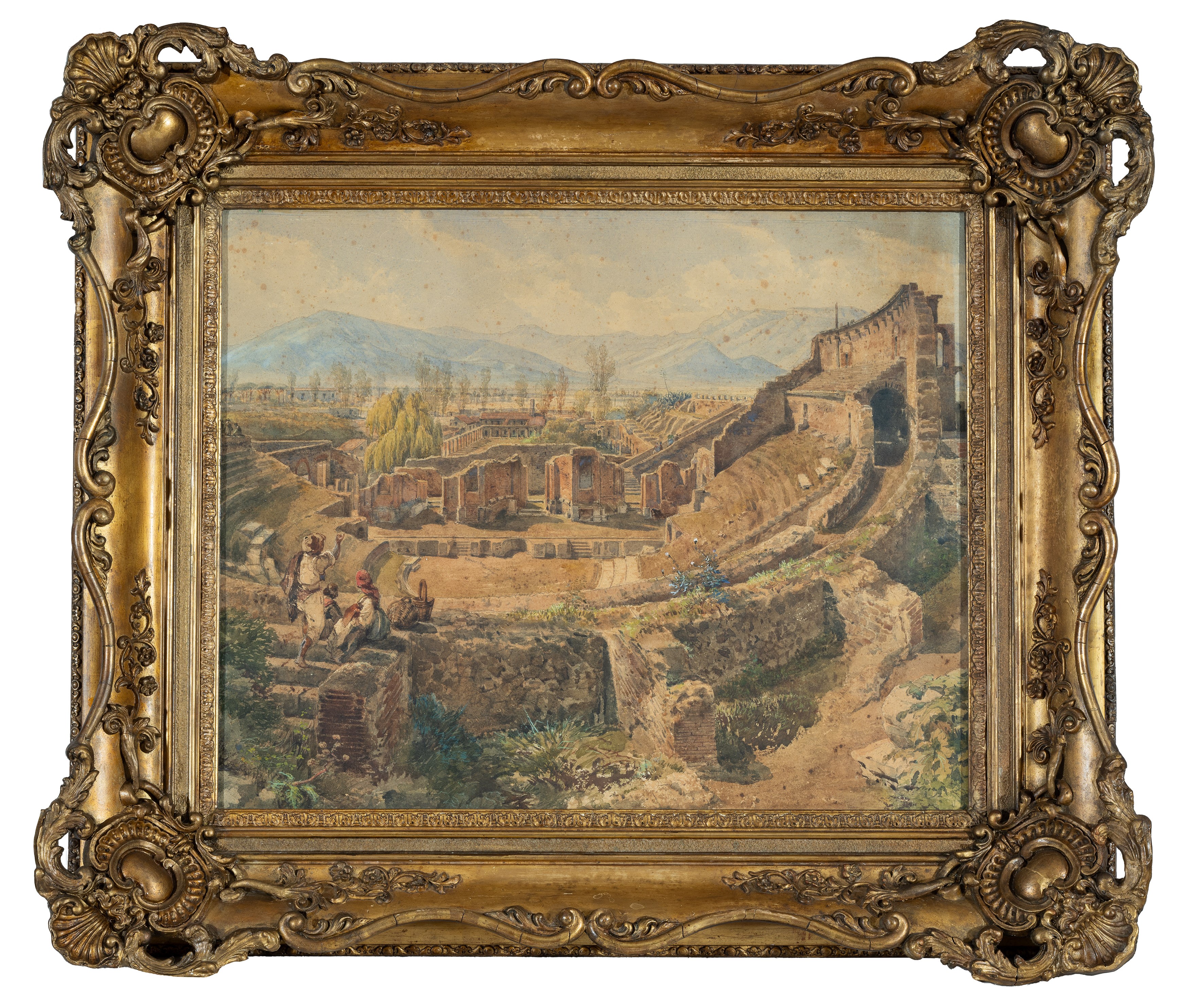 Veduta del Teatro Grande di Pompei dalle gradinate con panorama sui Monti Lattari