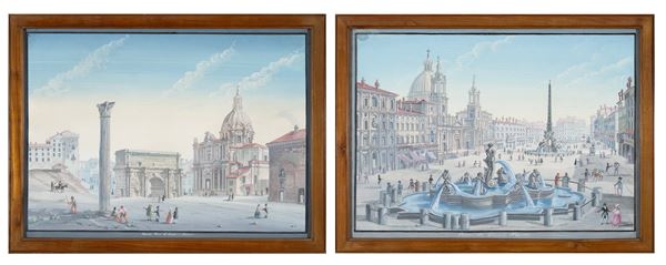 Scuola napoletana, seconda metà del XIX secolo - a) Roma, Piazza Navona; b) Roma, Arco di Settimo Severo