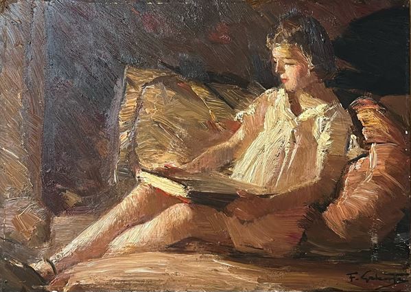 Francesco Galante : Donna che legge  - olio su tavola - Asta Napoli800900 - Blindarte Casa d'Aste