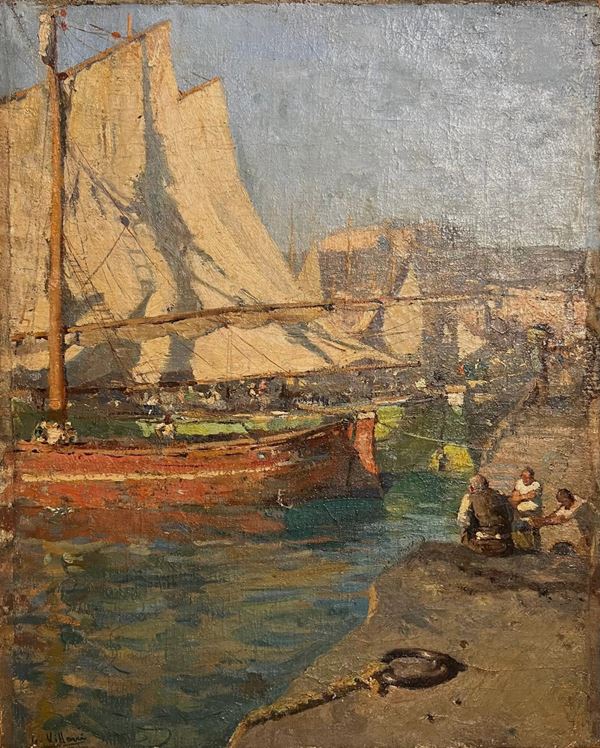 Gennaro  Villani (Napoli, 1885 - 1948) : Marina con barche e pescatori  - oil on pressed board - Auction Napoli800900 - Blindarte Casa d'Aste