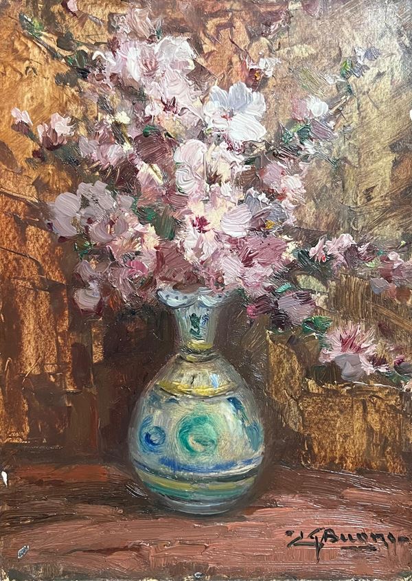 Leon Giuseppe Buono (Pozzuoli, 1887 - 1975) : Vaso con fiori  - Oil on pressed board - Auction Napoli800900 - Blindarte Casa d'Aste