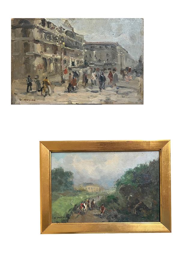 Francesco Di Marino (Napoli, 1892 - 1954) : a) Piazza napoletana; b) Strada del bosco  - group of oil paintings on panel - Auction Napoli800900 - Blindarte Casa d'Aste