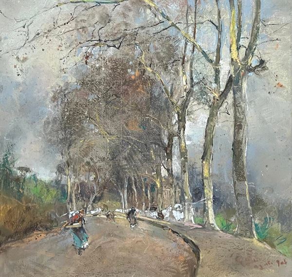 Giuseppe Casciaro (Ortelle,  1863 - Napoli, 1941) : Strada alberata  - pastels on paper - Auction Napoli800900 - Blindarte Casa d'Aste