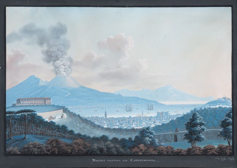 Veduta di Napoli da Capodimonte con Vesuvio in eruzione