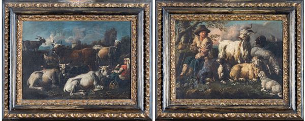 attribuito a Philipp Peter Roos  detto Rosa da Tivoli - a) Peasant woman with resting herds; b) Shepherd boy with goats