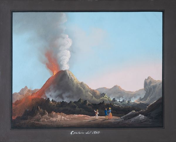 Scuola napoletana XIX secolo - Visita al conetto eruttivo del cratere del Vesuvio