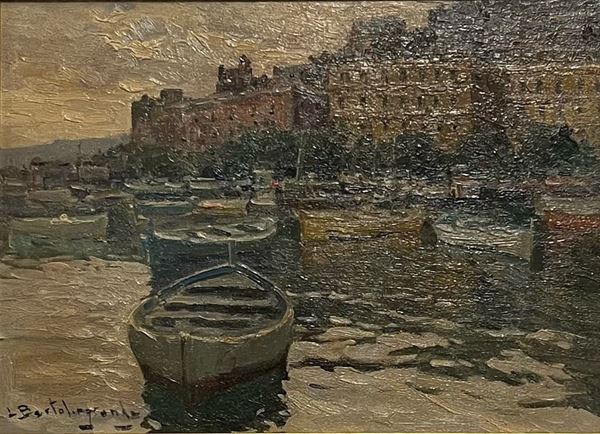Luigi Bertolingrande : Spiaggia con barche al tramonto  -  oil on panel - Auction Napoli800900 - Blindarte Casa d'Aste