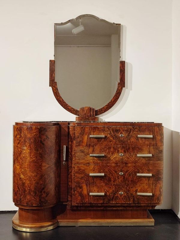 Manifattura italiana, anni '40 : Vintage dresser with dressing table  - Veneered in walnut burl - Auction Design and Art Objects - Blindarte Casa d'Aste