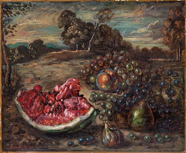 Giorgio De Chirico - Frutta in un paese con fetta di cocomero